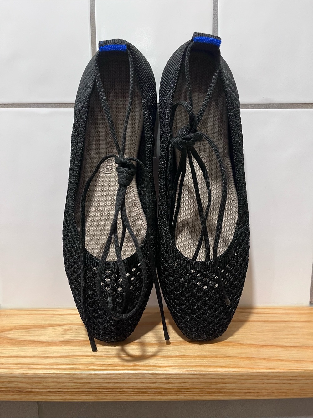 Rothy's Black Knit Lace-Up Ballet Flats with Blue Heel Tab